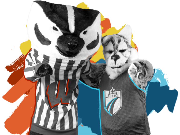 UW-Madison and Madison College mascots posing together